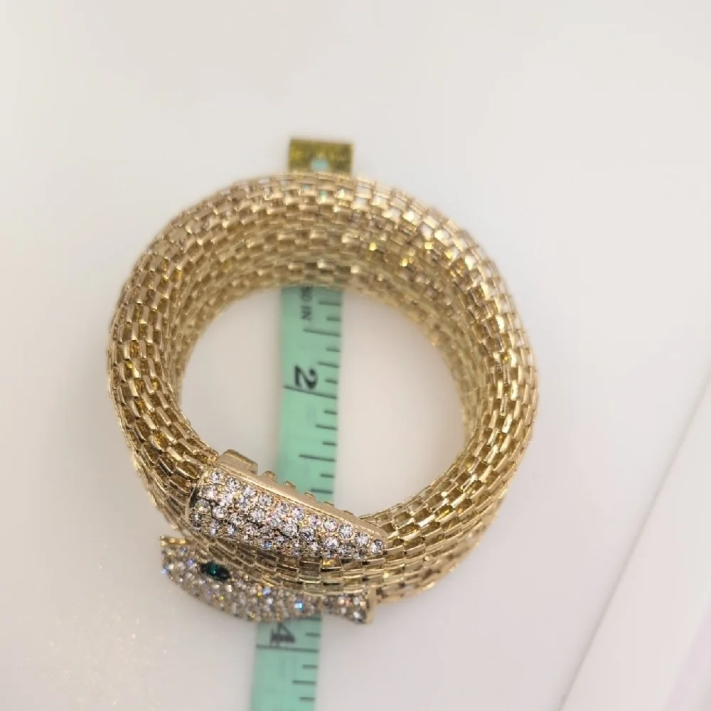 Gold Snake Coil Wrap Bracelet - Pave Rhinestones & Green Eyes - Statement Piece